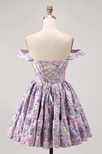 Short Homecoming Dresses for Teens Floral Print Satin Off The Shoulder A Line Prom Cocktail Dress3