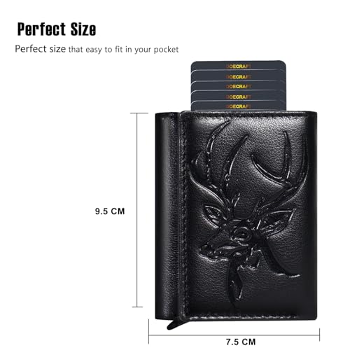 Image of Men's Genuine Leather RFID Wallet | Premium Slim Red Wallet for Men with Deer 3D Print | 8 Card Slots Secure and Durable | Casual Stylish | Formal & Gifting Use, Golden (Black)