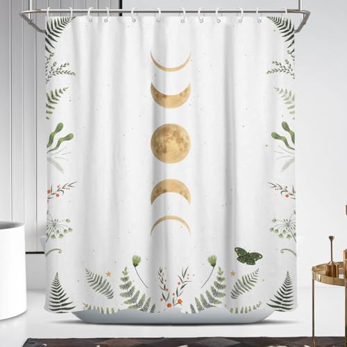 Coxila Lot de 12 rideaux de douche motif lune bohème sorcière effrayante plante blanche fleurs sauvages herbes fantaisistes hippie fantaisiste cool mignon et amusant pour salle de bain 152,4 x 183 cm
