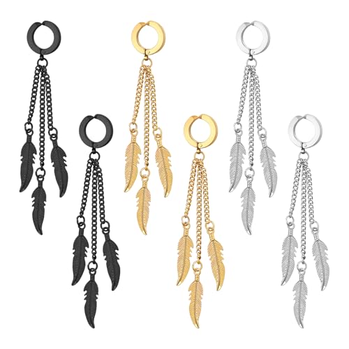 Boucles d'oreilles plume à clipser pendantes homme femme