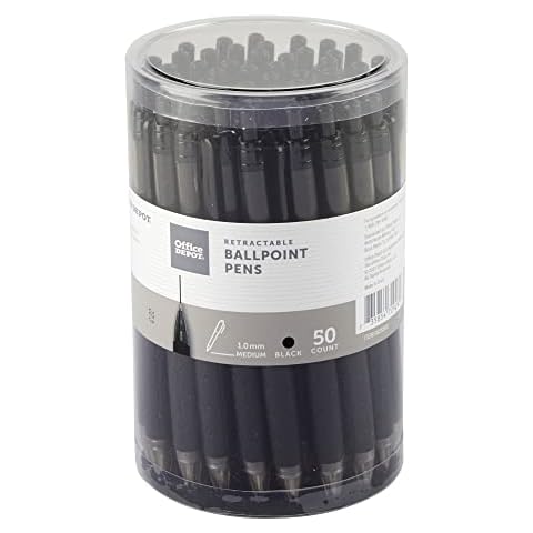 Office Depot® Brand Retractable Ballpoint Pens With Grips, Medium Point, 1.0 mm, Black Barrels, Black Ink, Pack Of 50 Pens Cover