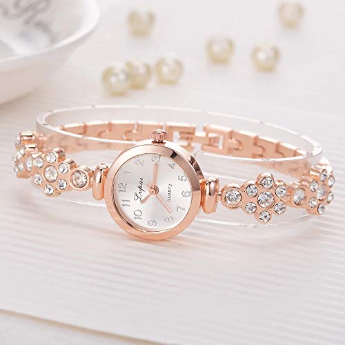 Relógio Feminino Dourado Quartz Pulseira Com Pedras E Flor