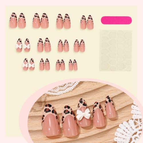 Image of Leopard Print Nails Press ons Bow Fake Nails with Design French Tip Glue on Nail Medium Almond False Nail Artificial Acrylic Glossy Full Cover Stick on Nail for Women Manicure 24Pcs