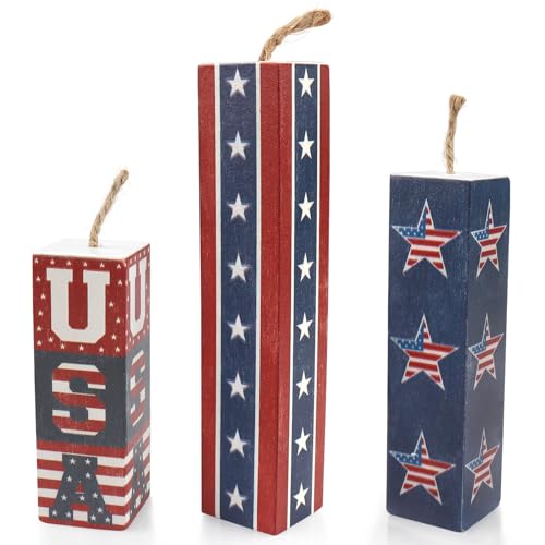 ABTOLS 3PCS Patriotic Firework Tiered Tray Sign,4th of July Wooden Table Decoration Labor Day Rustic Firework Decor USA Star Centerpieces for Home Tables