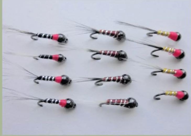12 Barbless Tungsten Bead Perdigon Nymph - Black, Brown & Yellow Trout or Grayling, choice of sizes (14)
