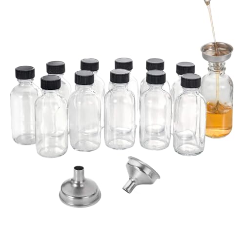 Glass Bottles with Lids, 12X Travel-Size Juice Containers, 2oz/60ml Small Clear Take-Out Bottles, Refillable Vials with 3 Stainless Steel Funnels for Oils, Potions and Beverages, 4x9.5cm
