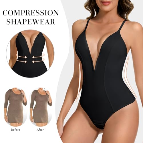 Deep V Bodysuit for Women Thong Shapewear Tummy Control Low Back Shapewear for Women3