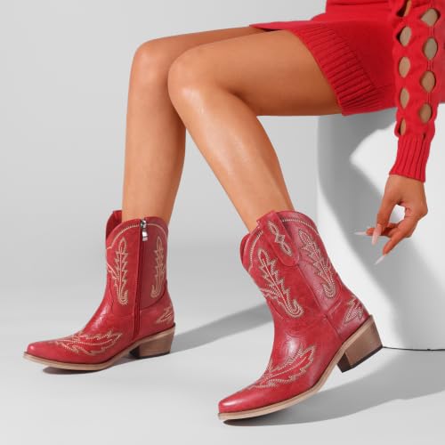 Image of Rhinestone Ankle Cowboy Boots for Women Embroidered Short Cowgirl Boots with Low Heel Side Zipper Comfortable Chunky Heel Western Booties for Prom Party Wedding Pull On Shoes