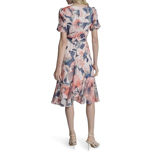 Image of DKNY Women's Flutter Sleeve Round Neck Waist Tie Midi Dress