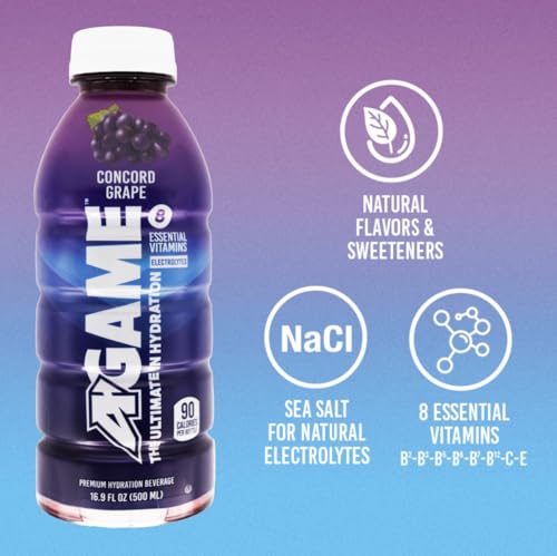 A-GAME Sports Drink, Concord Grape, The Ultimate Hydration Sports Beverage for Athletes, 8 Essential Vitamins including B, C, & E plus Natural Sea Salt Electrolytes, All Natural Flavors & Sweeteners, Gluten Free, 16 Fl Oz (Pack of 12)