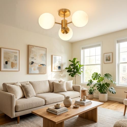 Image of 3 Lights Semi Flush Mount Ceiling Light Mid Century Modern Brass Ceiling Light Milk Glass Sputnik Small Chandelier for Bedroom Dinning Room Foyer Hallway