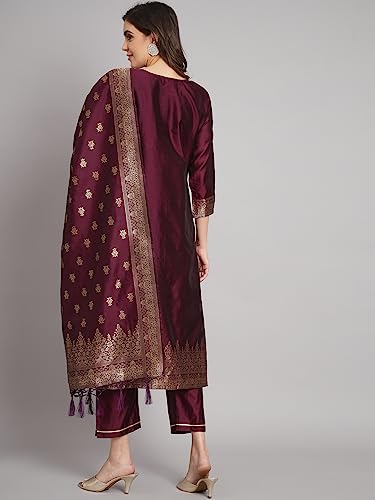Image of VredeVogel Women's Cotton Silk Jacquard Kurta Pant Set with Banarasi Silk Dupatta