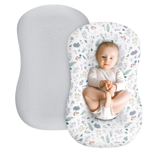 Image of DILIMI Muslin Baby Lounger Covers, 2 Pack Newborn Lounger Cover, Soft Comfortable Removable Infant Pillow Slipcover for Girl and Boy, Gray Rabbit (Lounger not Included)