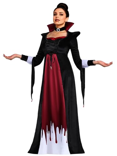 ROC PARTY Women’s Vampire Costume Long Dress for Halloween – Gothic Vampire Queen Outfit for Adult Women with Cape (Medium)