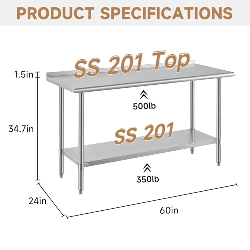 Image of ROCKPOINT All Stainless Steel Perp Table with Backsplash 24x60 Inch, Commercial Heavy Duty Table with Stainless Legs & Adjustable Undershelf, 850 lb Capacity for Restaurant,Home and Outdoor Kitchens