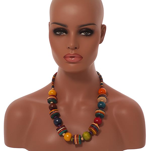 Collier perles en bois multicolore léger et hypoallergénique sans gemme 61 cm