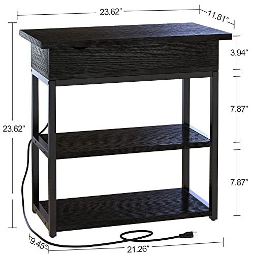 Fabato End Table With Charging Station Nightstands With Storage Shelves Flip Top&Usb Ports Narrow Sofa Side Table For Small Spaces With Metal Frame Living Room Bedroom,Black #TOP2