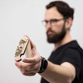 Alternative view of Enjoy The Wood Beard Comb for Men, Folding Pocket Beard Accessories for Men, Engraved Walnut Wooden Comb for Moustache, Beard & Hair For Him (Half Skull)