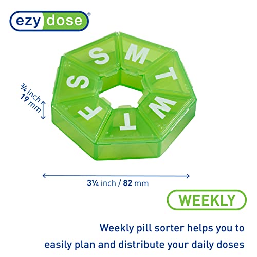 Image of Ezy Dose Weekly (7-Day) Pill Organizer, 7-Sided Medicine Planner, Green | Compact Daily Round Vitamin & Supplement Medicine Case, Convenient and Easy to Use, Travel-Friendly Container, BPA-Free