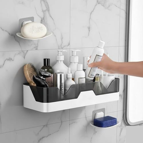 Clyton Self Adhesive Bathroom Shelf with 2 Soap Holders | Without Drilling Wall Mounted Storage Rack for Shower, Kitchen & Wash Basin | Rust Resistant ABS Palstic Organizer