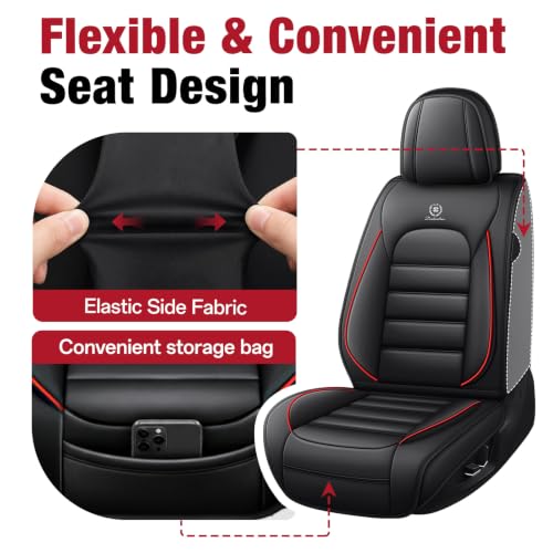 Image of Car Seat Covers, Waterproof PU Leather, Universal Fit for Toyota Camry 2015-2024, Black&Red, Full Set