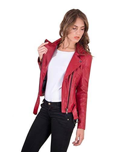 Blouson en cuir motard femme rouge Made in Italy fausse ceinture – vue 4