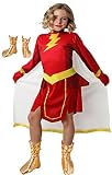 Gojoy shop- Disfraz de Sha-Zam para Niños y Adultos Carnaval Halloween(Contiene:Disfraces con Capa,Cinturón,Cubrebotas y Mochila de Cuerdas.) (10-12 años, Femenino)