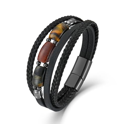 Pulsera para hombre con cuero y piedra ojo de tigre miniatura 1