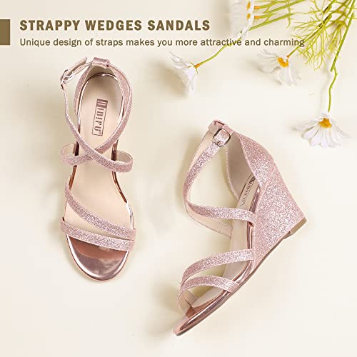 Idifu Women's 3 Inch Strappy Wedge Sandals Open Toe Dressy Wedges For Women Black Nude Silver White Bridal Wedge Heels On Wedding Evening Summer(Rose Gold Shiny, 5.5 M Us) #TOP5