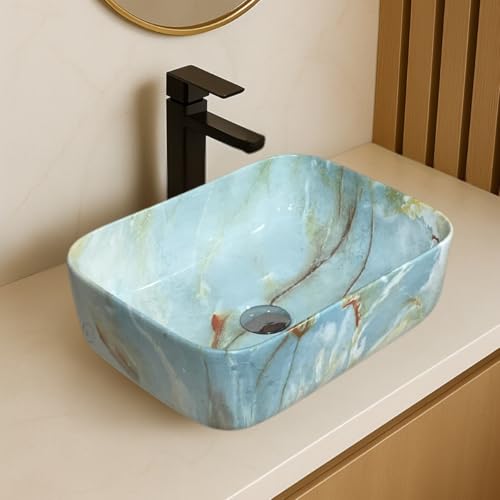 Image of Artiva Ceramic Wash Basin /Tabletop Washbasin For Bathroom,12 inchx16 inch /Small Countetop Bathroom Basin /Table Top Basin For Home,Office,Hotel /Rectangle Glossy Sink (Marble Green,12x16 Inch)