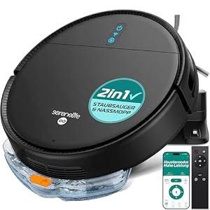 SereneLife Saugroboter mit Wischfunktion, 700Pa Saugroboter, 3-in1- Saug und Wischroboter, Staubsaugroboter mit APP Steuerung, Vacum Robot mit Absturzsensoren-Ideal für Tierhaare & Teppich, Schwarz