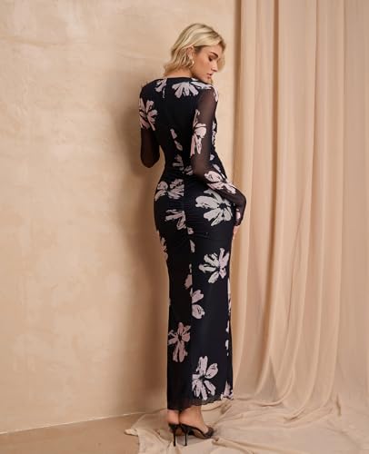 XinFSh Women's Fall Long Sleeve Bodycon Maxi Dress Mesh Ruched Formal Wedding Guest Cocktail Dresses2