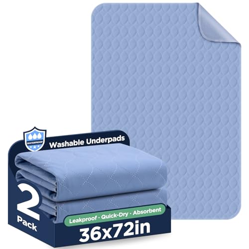 Image of Washable Bed Pads 36 inch x 72 inch - 2 Pack, Blue, Waterproof Bed Pads for Incontinence, Bed Wetting Pads for Bed, Sofa, Floor, Resuable Underpads for Adults, Seniors, Pet