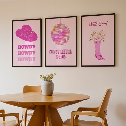 Image of NoWorries Cowgirl Western Framed Wall Art Set of 3, Pink Magenta Beige Cowboy Hat, Disco Ball Floral Boot Typography Prints with Natural Frames for Bedroom, Girls Room, Office Decor (ART-9, 21X37inch)