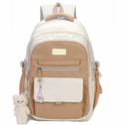 Image of PRLINJSK Girls Backpack for College High Middle School Student, Cute Aesthetic Bookbag for Teens Women with Accessories,Khaki Beige
