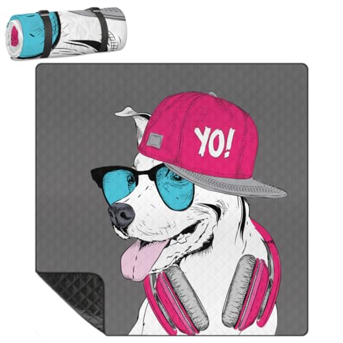 Shimoshe Extra Large Picnic Blankets 79”x 79”, Hat Glasses Headset Dog Waterproof Foldable Picnic Mat with Straps Portable Beach Blanket for Camping Park Grass Beach Indoor