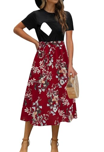 Image of CzzzyL Women Nursing Dress Short Sleeve Floral Patchwork Ribbed Pregnancy Tie Waist Work Outfits Summer
