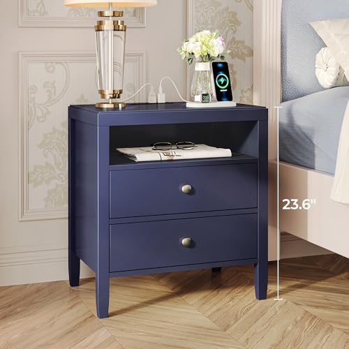 Image of Huuger Blue Nightstand Set of 2, Night Stand with Charger Station