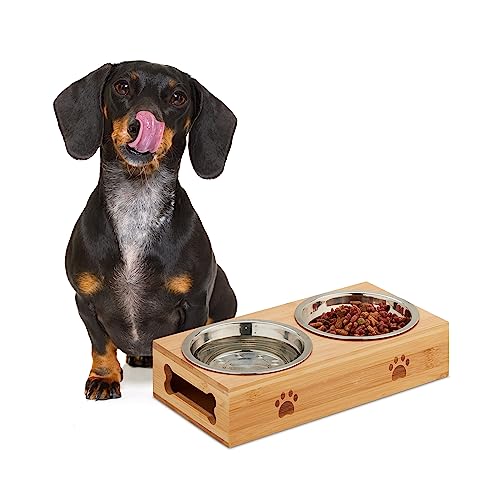 Relaxdays Futterstation Hund, erhöhte Hundebar, 2 Fressnäpfe, je 300 ml, Bambus & Edelstahl, Doppel Napfständer, Natur