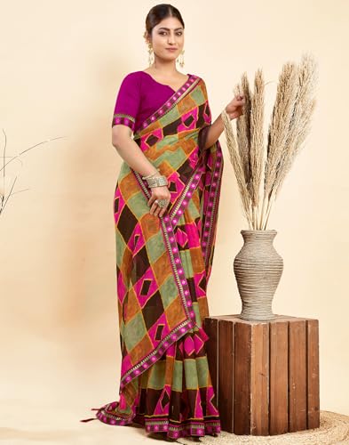 Image of SIRIL Women's Printed Chiffon Saree with Unstitched Blouse Piece