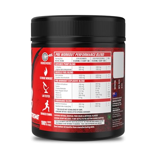 Image of MUSCLE FACTORY Wild Series Ultimate Pre-Workout Formula | Extreme blend with EAA for Energy, Strength, Mental Focus & Powerfull Pumps | (100gms - 20 servings) - Blood red with Free Shaker