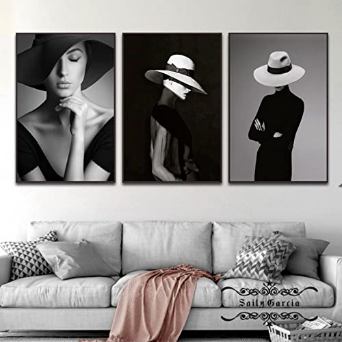 Affiches Noir et Blanc Salon Décor Mode Chapeau Élégant Femme 60x80cm