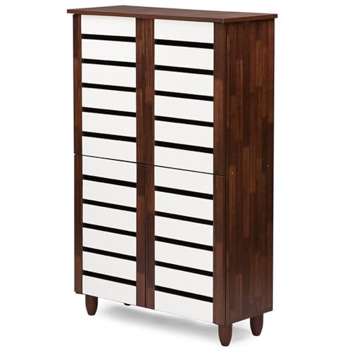 Pemberly Row Contemporary 4 Door Shoe Cabinet in Dark Oak and White