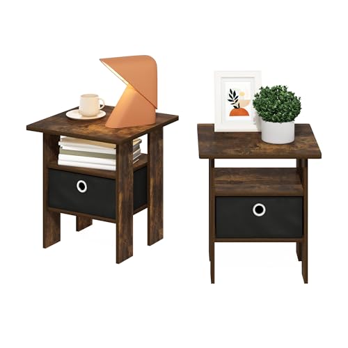 Image of Furinno Andrey Set of 2 Square Side Table, End Table, Amber Pine | Open Shelves and Storage Bin, Square Modern Night Stand, Bedside Table, for Living Room, Bedroom