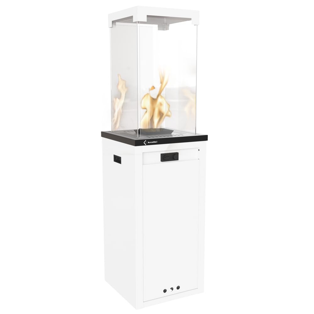 KRATKI Stufa da terrazza a gas PATIO LIGHT 144,4 x 37 x 37 cm bianco camino | PATIO LIGHT bianco, riscaldatore da esterno a gas, fornello a gas propano butano per esterno, braserro portatile con ruote