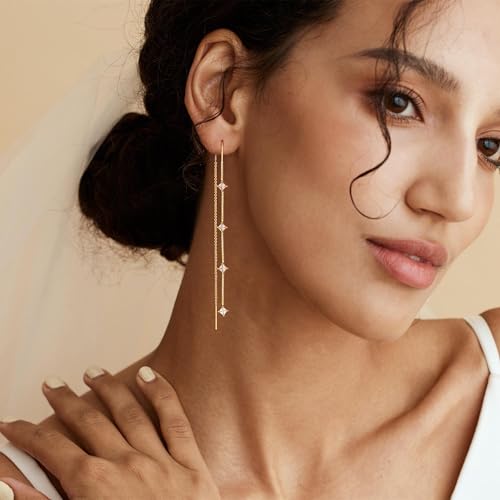 Dangle Threader Earrings for Women: Dainty 14k Gold Plated Drop Long Chain Earrings Trendy Hypoallergenic Non Tarnish Elegant Cubic Zirconia Earring for Womens Fashion Jewelry for Wedding Prom2