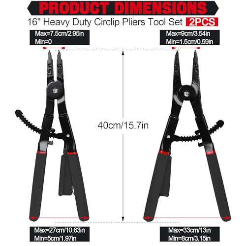 Image of Snap Ring Pliers Set Heavy Duty - 2 PCS Large Heavy Duty Snap Ring Circlip Pliers ，16 inch Internal External Circlip Pliers Set with 45 90 Tips