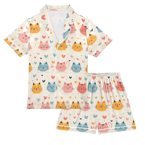 ALAZA Cat Head Love Heart Pajamas Satin Pajama Set Short Sleeve Button Down Sleepwear