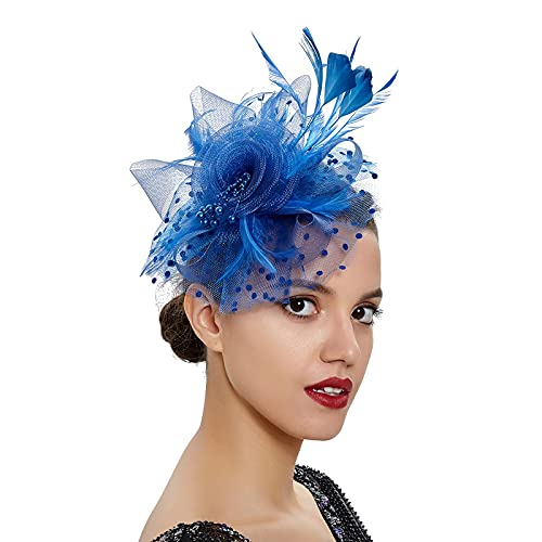 Women Fascinator Hat Tea Party Headband Wedding Cocktail Hat Charming Head Decoration, Size(7 Inch Diameter Flower) (Royal Blue-2) #TOP1
