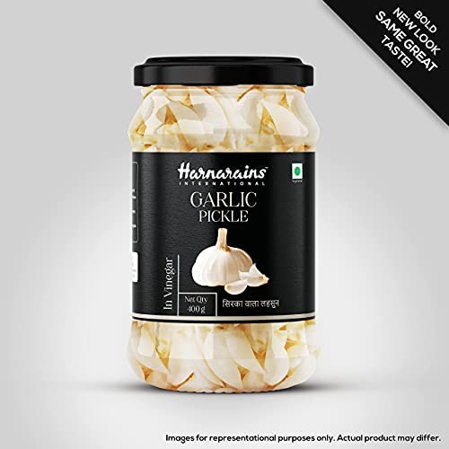 Harnarains Garlic Pickle in Vinegar (Sirka Wala Lahsun), Peeled Garlic Cloves in Brine (Raw Garlic in Brine) (Oil Free Garlic Pickle) (Pickled Garlic in Vinegar, Garlic in Brine) 400 Gram